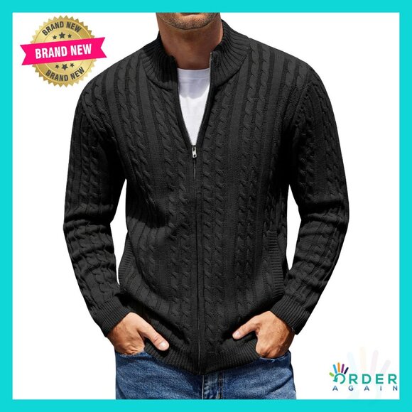 Slim Fit Cable Knit Zip Up Cardigan Sweater Classic Preppy Winter Fall